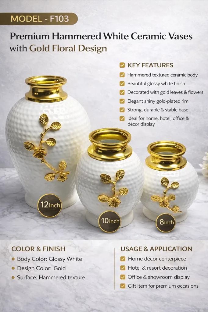 Premium white ceramic vases with gold accents.webp