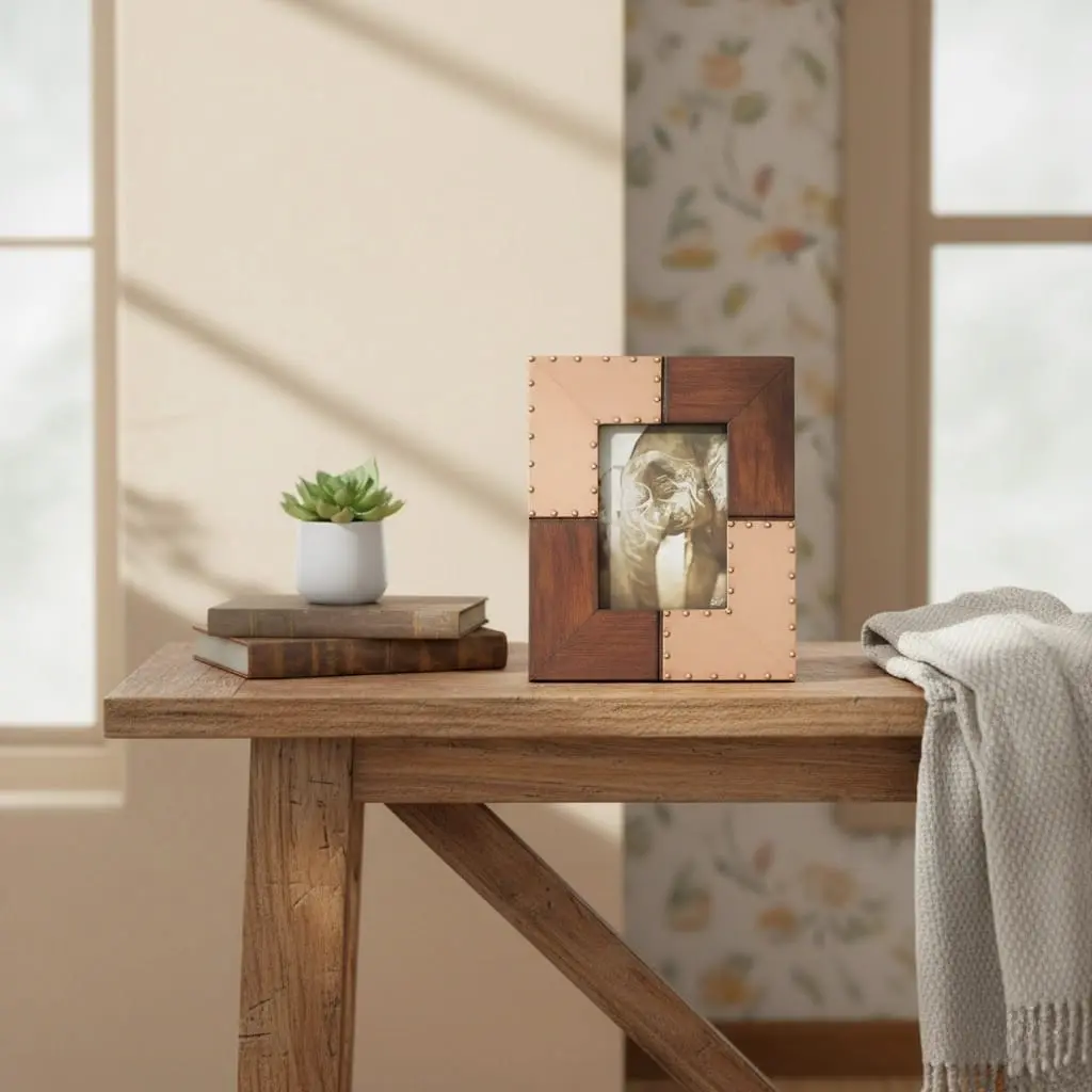 P7 Rustic Glamour Wood & Rose Copper Photo Frame with Artisan Rivets - Industrial (4 * 6inch)