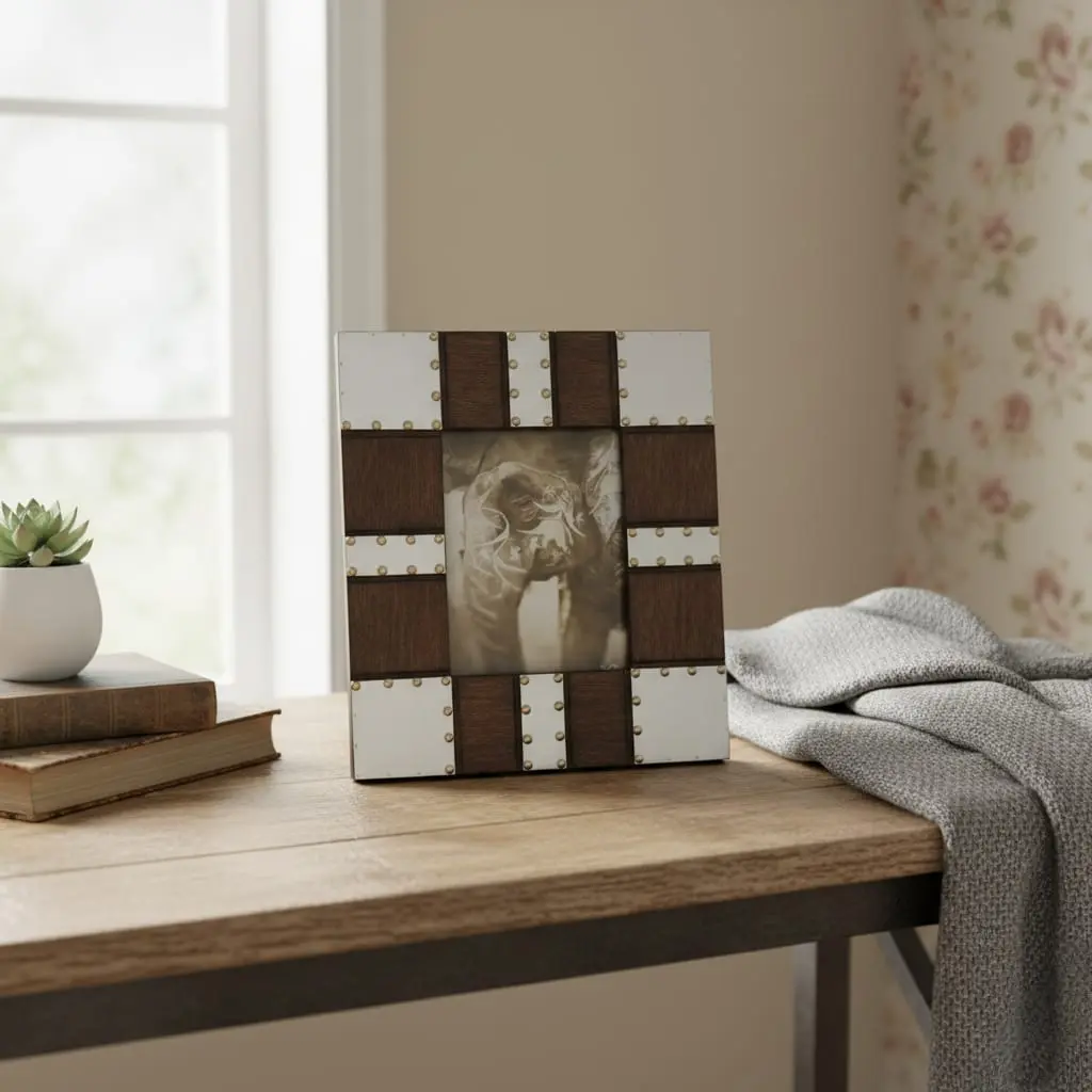 Photo Rustic Wood & Silver Metal Picture Frame - Art Deco Stud Detailing - Multi-SizeFrame