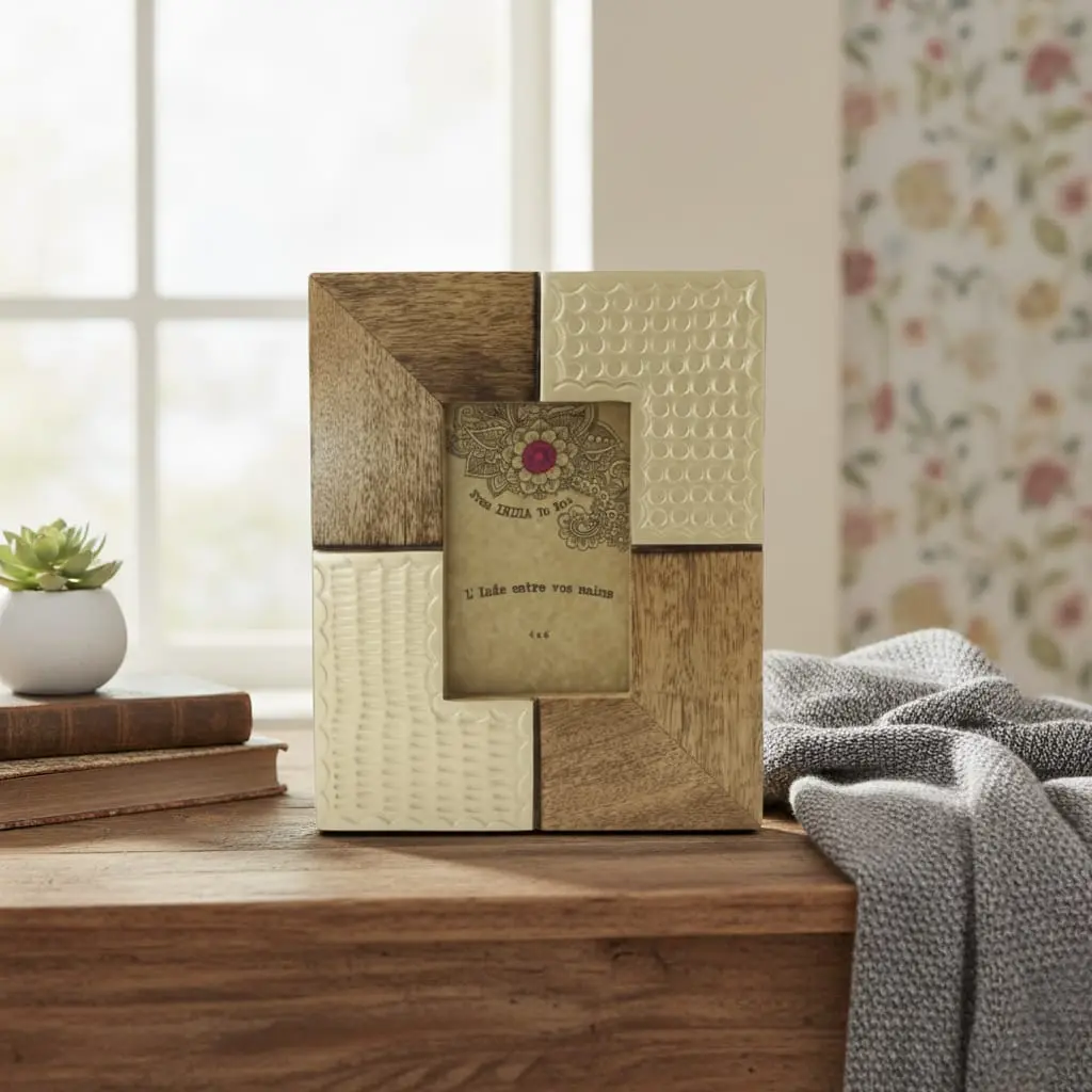 Global Style Patchwork Wood & Embossed Gold Wood and Metal Hammered Photo Frame - Statement Piece