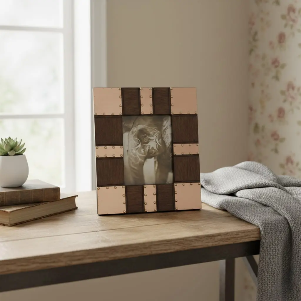 Handcrafted Art Deco Riveted Copper & Wood Photo Frame - Vintage Glamour Decor