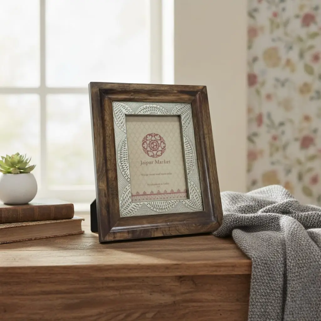 Artisan Handcrafted Rustic Wood Frame with Silver Embossed Metal Inlay - Art Deco Style - Multi-Size