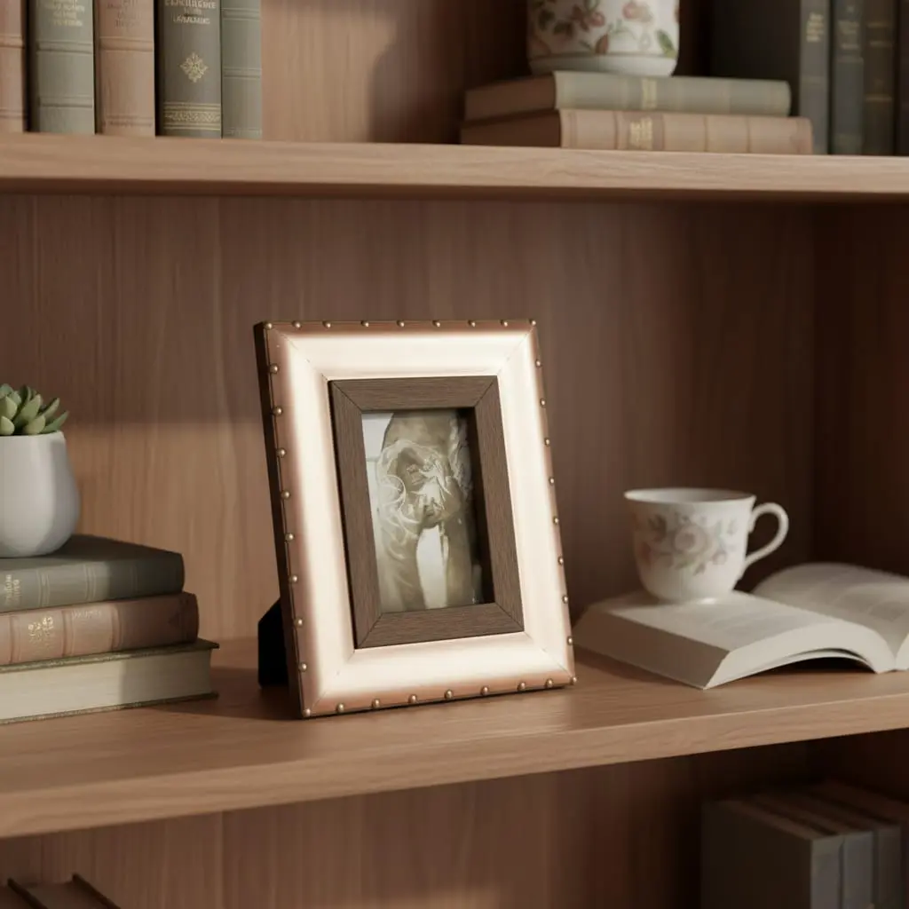 Artisan Rivet Wood & Rose Copper Photo Frame - Industrial Glamour Desk Decor