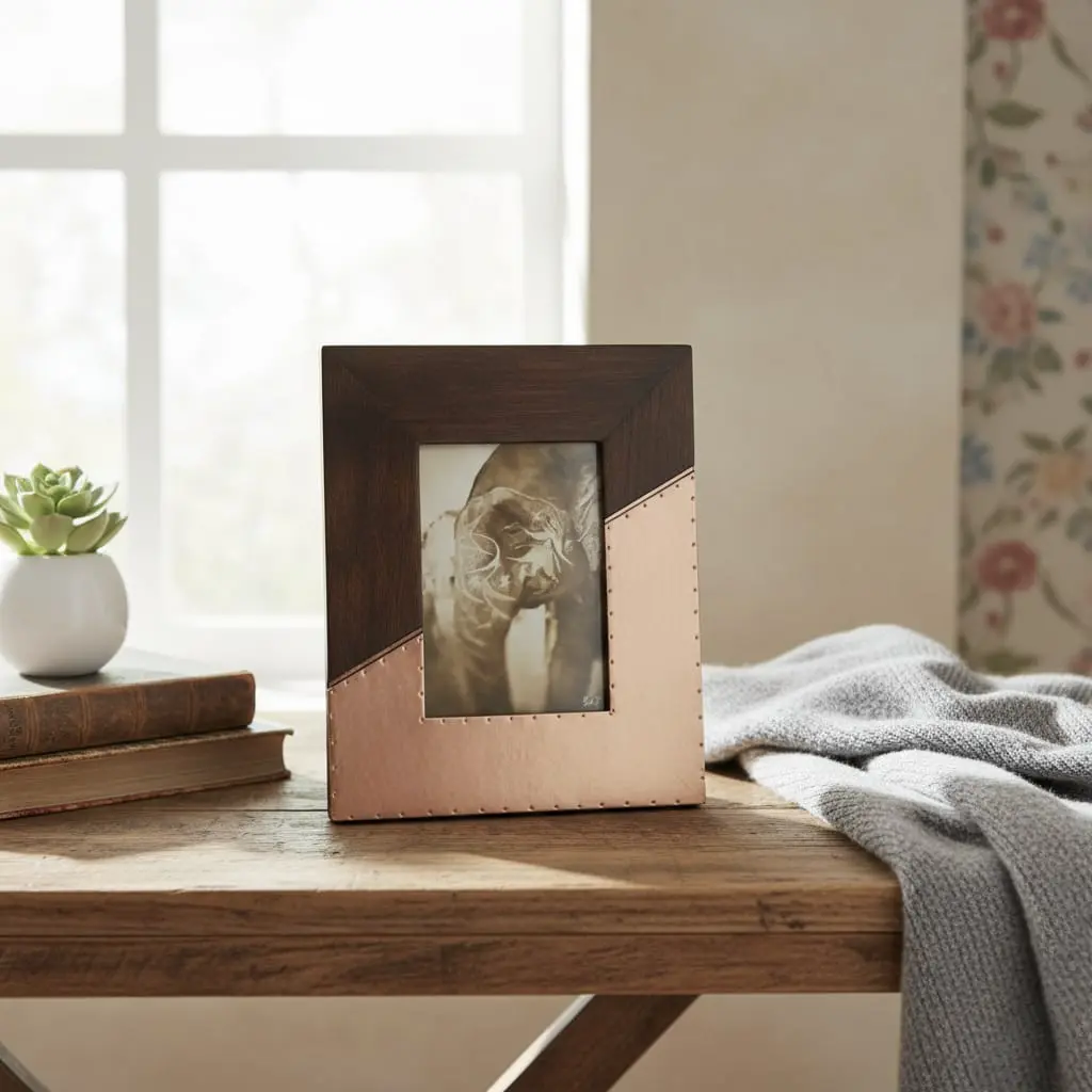 P17 Diagonal Rose Copper & Wood Photo Frame with Artisan Rivets - Rustic Glamour Decor (4 * 6inch)