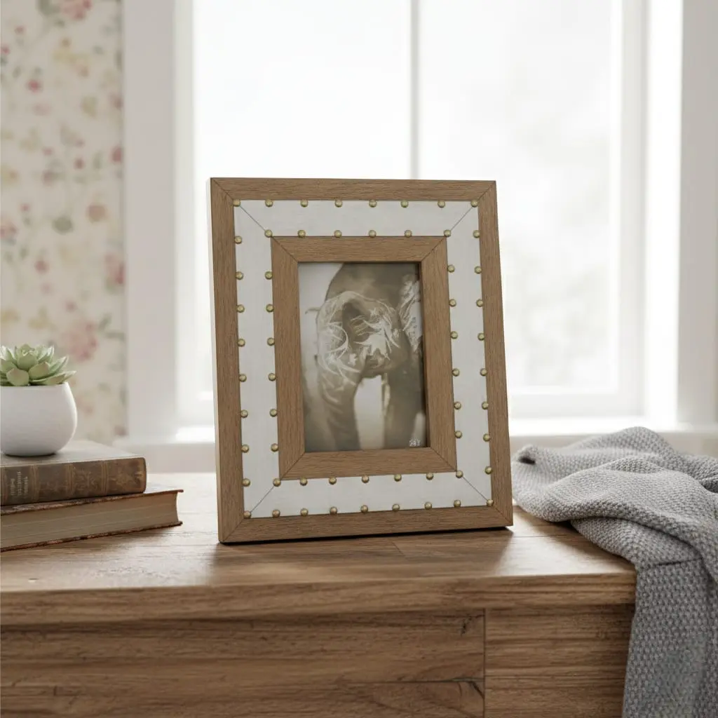 Handcrafted Rustic Wood & Silver Metal Picture Frame - Art Deco Stud Detailing - Multi-Size