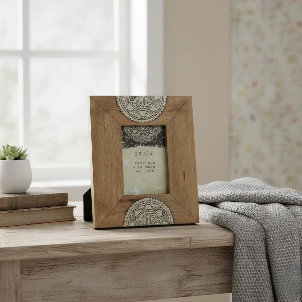 P23 Handcrafted MDF Wood Photo Frame with Embossed Metal Mandala Accents – Tabletop Multi-Size (4 * 6inch)