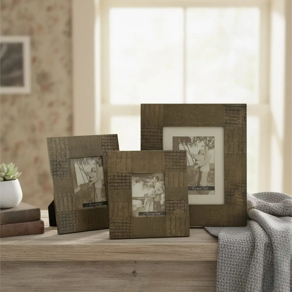 Vintage Brass Look Embossed Photo Frames – Set of 3 Geometric Textured Gallery Frames