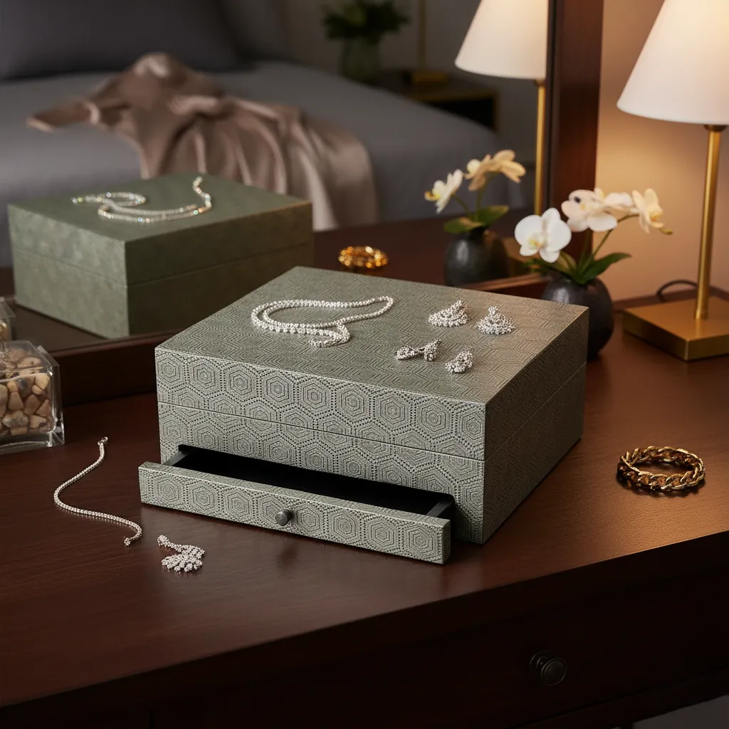 P5 Handcrafted Silver Hexagonal Embossed Jewelry Box with Velvet-Lined Pull-Out Drawer