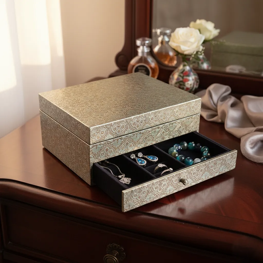 P6 Vintage-Style Two-Tier Keepsake Organizer with Embossed Floral and Star Patterns