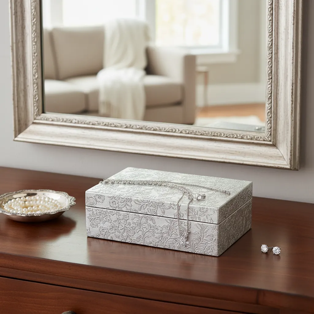 Ornate Floral Embossed Silver Jewelry Box with Hinged Lid and Protective Velvet Lining