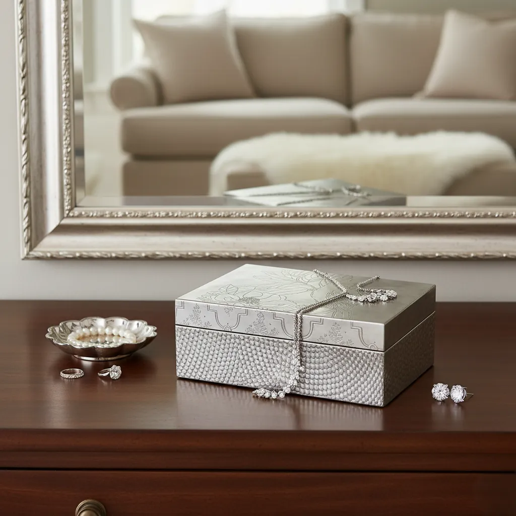 Artisan Silver Jewelry Box with Etched Botanical Lid and Textured Honeycomb Base