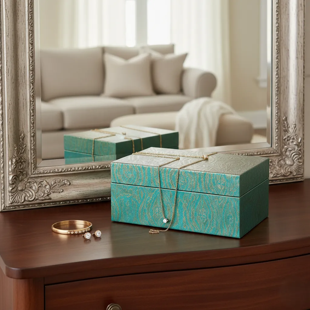 Artisan Teal Damascus-Pattern Jewelry Box – Elegant Handcrafted Vanity Keepsake Chest