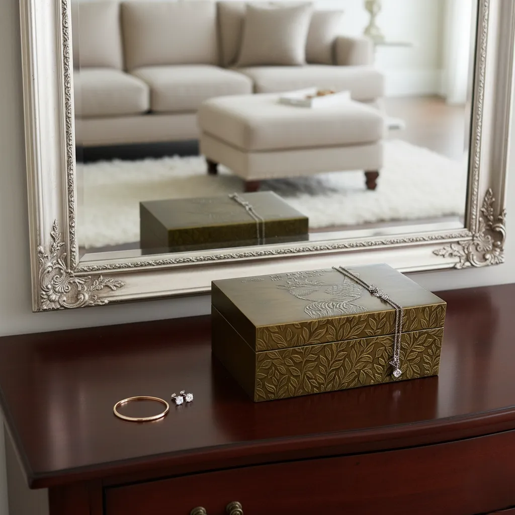 Vintage Botanical Keepsake Chest – Decorative Metallic Bronze Storage Box for Vanities