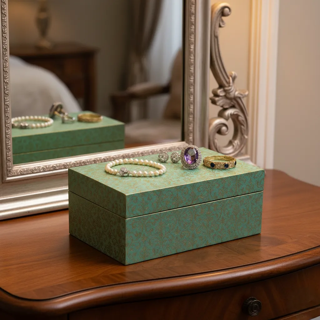 Vintage-Style Embossed Decorative Storage Box with Ornate Floral Flourish and Hinged Lid