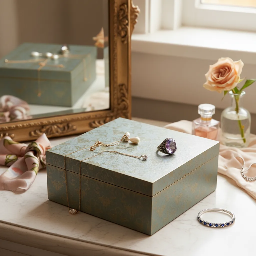 Artisan Teal & Gold Damascus-Pattern Jewelry Box – Handcrafted Keepsake Chest for Vanities