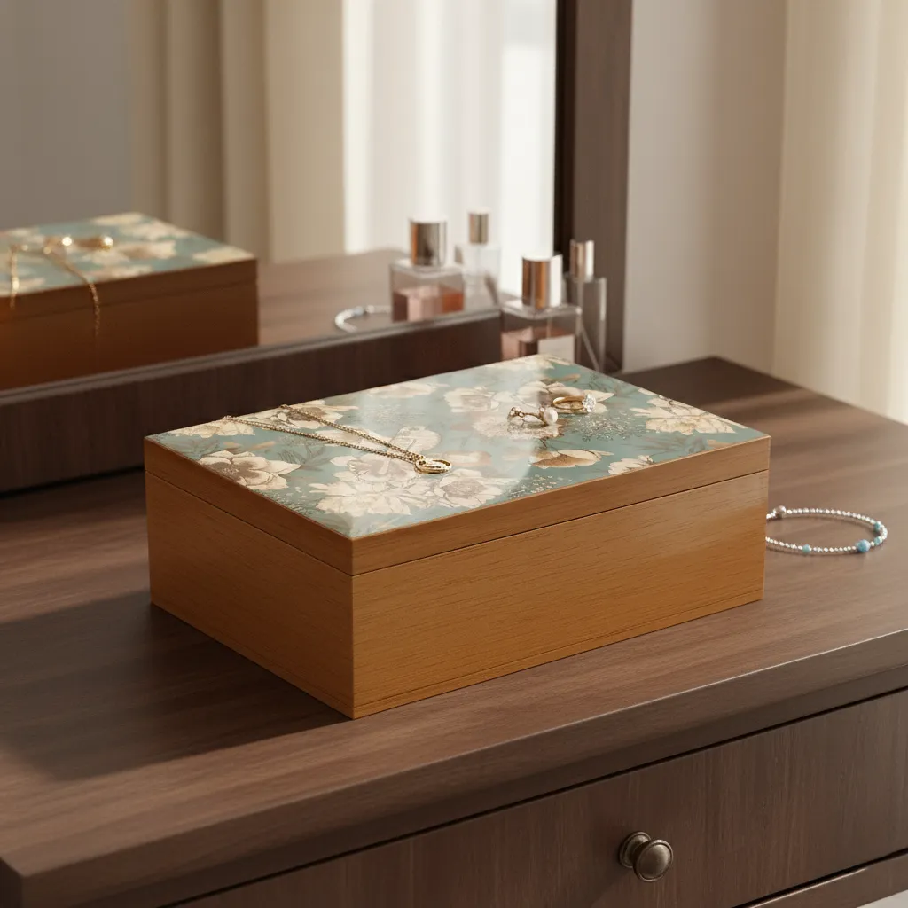 P16 Elegant Sage Green Nature-Inspired Jewelry Organizer – Decorative Wood Box with Illustrated Avian Scene