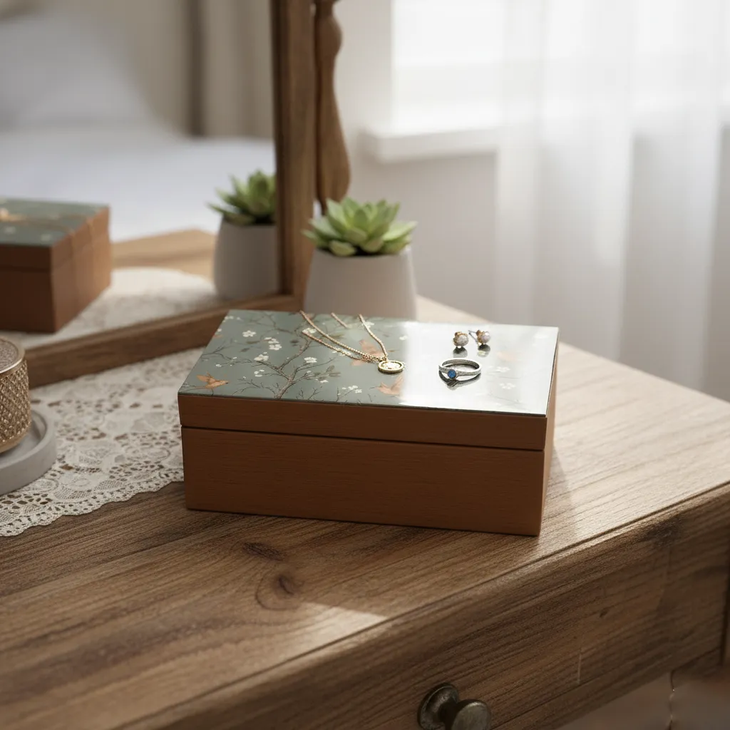 Handcrafted Nature-Inspired Wooden Storage Box – Decorative Floral Bird Scene with High-Gloss Protective Lid