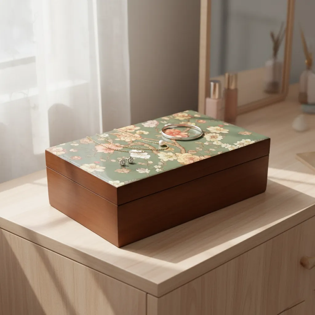 P18 Vintage Floral Cherry Blossom Jewelry Box – Glossy Botanical Keepsake Chest with Rich Wood Finish
