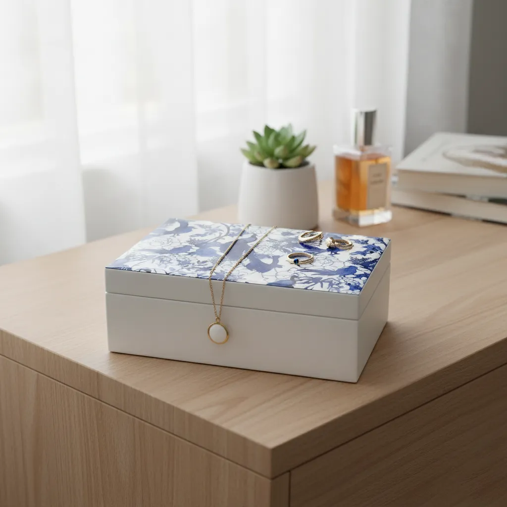 Modern Minimalist White Wooden Storage Box with Artistic Blue Botanical Lid Illustration