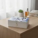 Modern Minimalist White Wooden Storage Box with Artistic Blue Botanical Lid Illustration