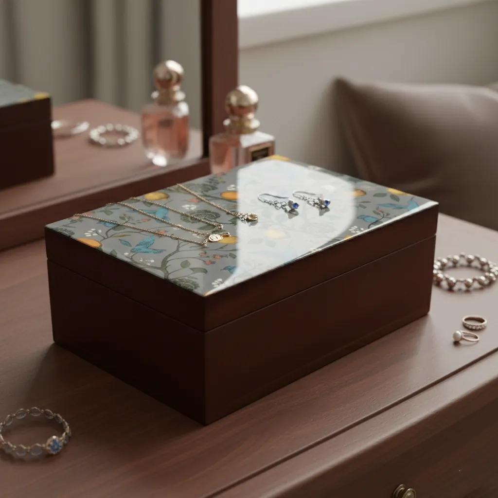 P20 Whimsical Garden Wood Jewelry Box – Glossy Botanical Keepsake Chest with Floral & Bird Illustration