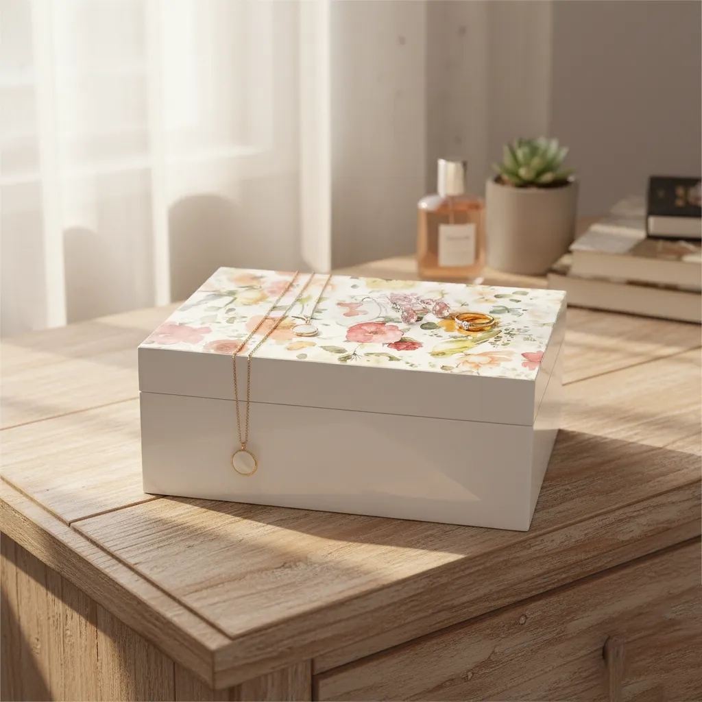 P21 Artisan Botanical Wooden Jewelry Box – High-Gloss Floral Illustration with Warm Wood Base