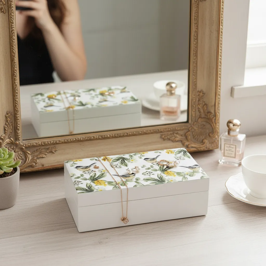 Modern Mediterranean-Inspired Wooden Storage Box – Decorative Citrus and Bird Scene with High-Gloss Finish