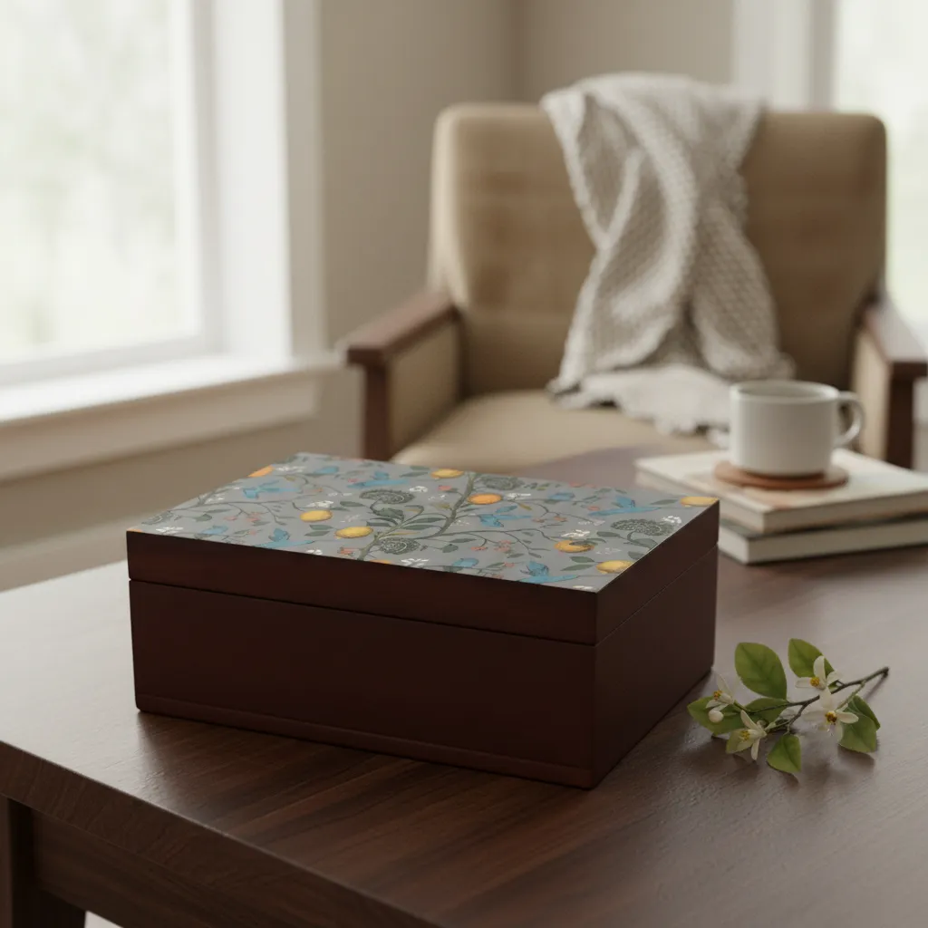 Handcrafted Nature-Inspired Wooden Storage Box – Decorative Night Garden Scene with High-Gloss Protective Lid