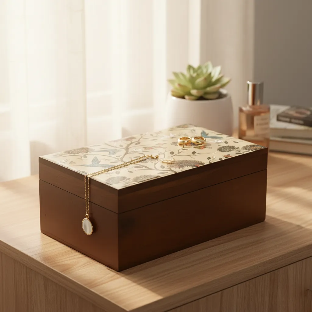 P25 Enchanted Garden Wooden Jewelry Box – High-Gloss Bird & Floral Illustration with Mahogany Finish