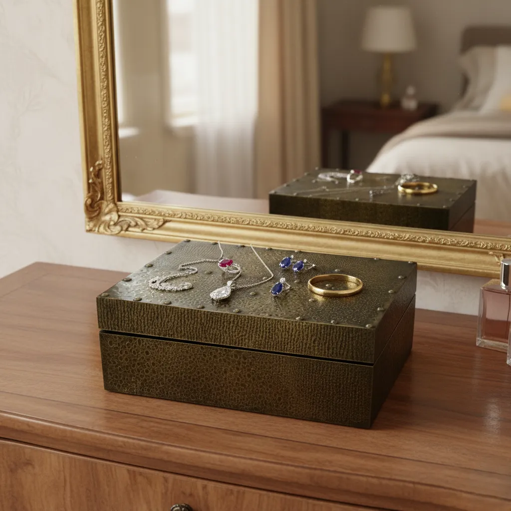 P26 Artisan Hammered Bronze Jewelry Box – Elegant Textured Metallic Keepsake Chest for Vanities