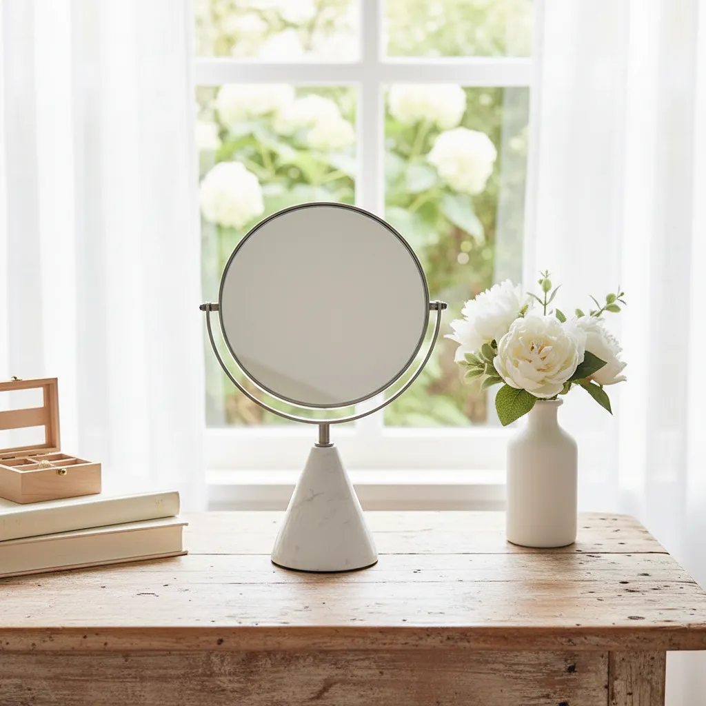 P1 Modern Marble Pedestal Vanity Mirror – Dual-Sided Swivel Makeup Mirror with White Marble Base