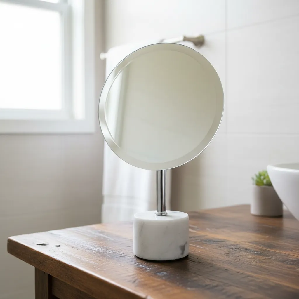 P3 Contemporary Tabletop Grooming Mirror – Brushed Metal Finish and Tapered Marble Pedestal Design