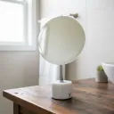 P3 Contemporary Tabletop Grooming Mirror – Brushed Metal Finish and Tapered Marble Pedestal Design