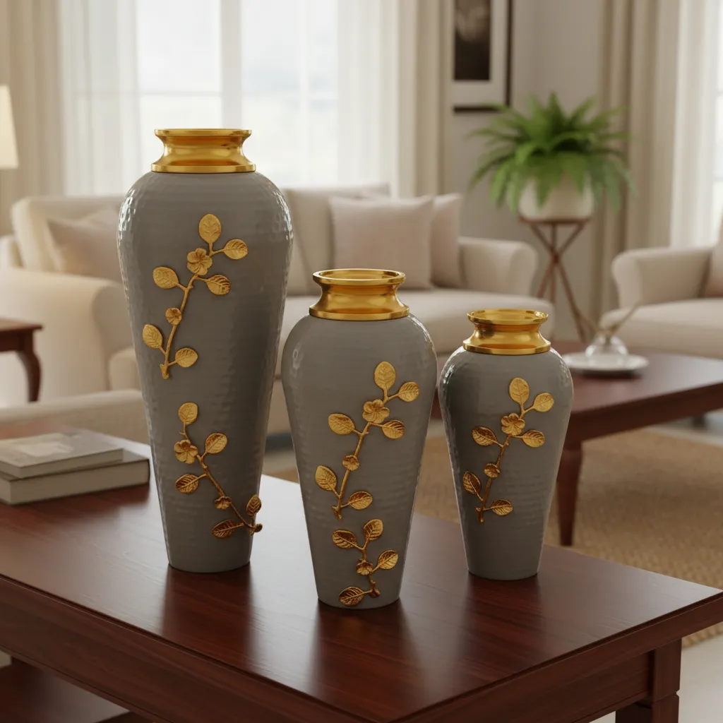 Luxury Hammered Black  Vase with Gold Floral Leaf Pattern – 10-Inch Decorative Flower Pot for Modern Living Room & Home Office Centerpiece