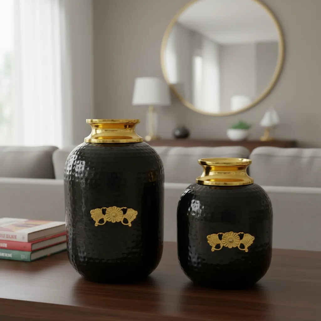 Modern Black Flower Vase with Gold Embossed Leaves – Premium Home Decor Accent for Shelves, and Dining Table Centerpieces