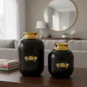 Modern Black Flower Vase with Gold Embossed Leaves – Premium Home Decor Accent for Shelves, and Dining Table Centerpieces