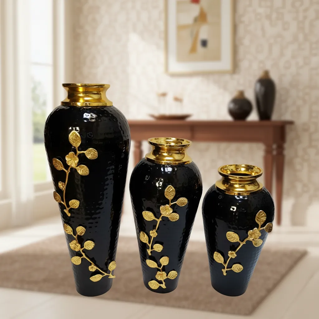 High-End Black & Gold Pot for Indoor Plants – Hammered Finish Decorative Flower Vase, Perfect Housewarming Gift for Contemporary Home Styles