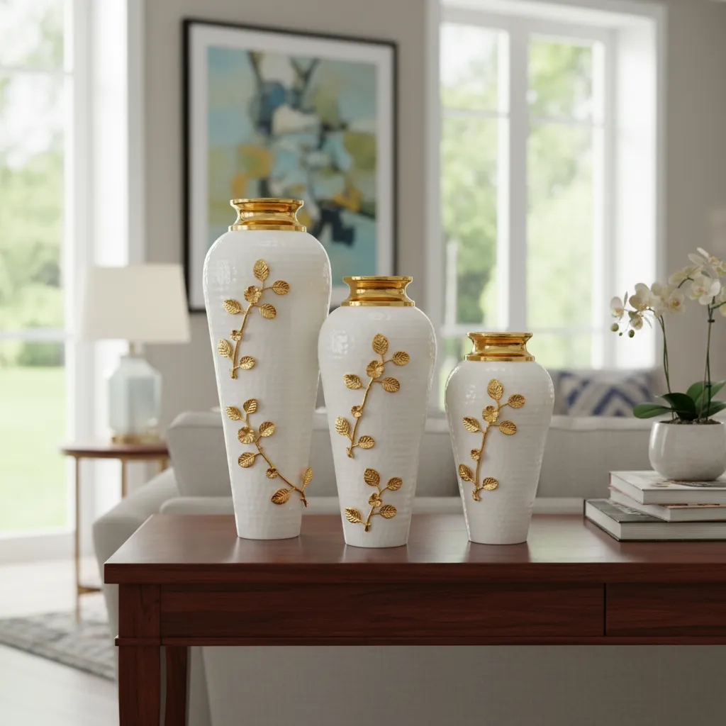 Hand-Painted Gold Floral Pattern on White Hammered Vase – Unique Tabletop Art Piece for Formal Dining Room and Glam Style Home Aesthetics