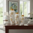 Hand-Painted Gold Floral Pattern on White Hammered Vase – Unique Tabletop Art Piece for Formal Dining Room and Glam Style Home Aesthetics