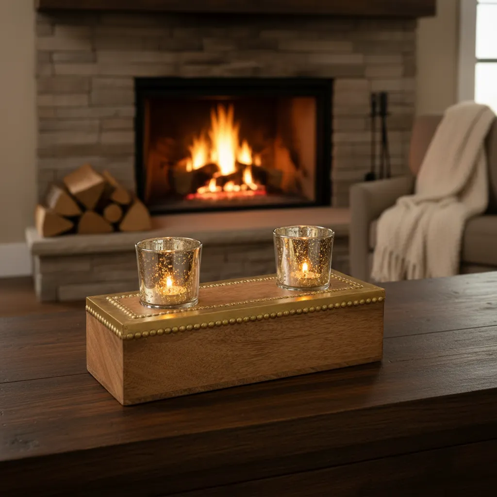 Handcrafted Mango Wood Long Candle Holder with Brass Studs and Mercury Glass Votives