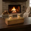 Handcrafted Mango Wood Long Candle Holder with Brass Studs and Mercury Glass Votives