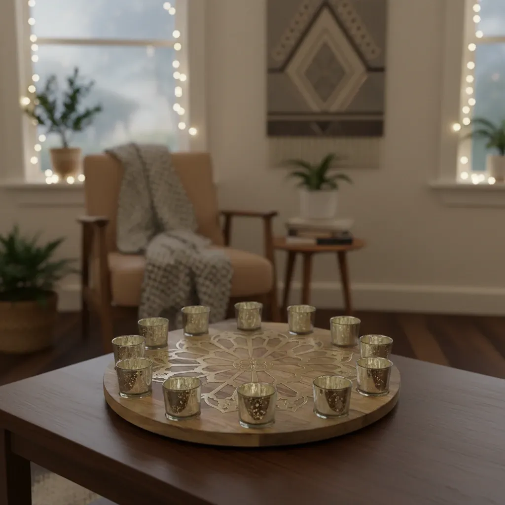 Dual Votive Wooden Candle Tray - Rustic Mango Wood & Brass Accent Centerpiece