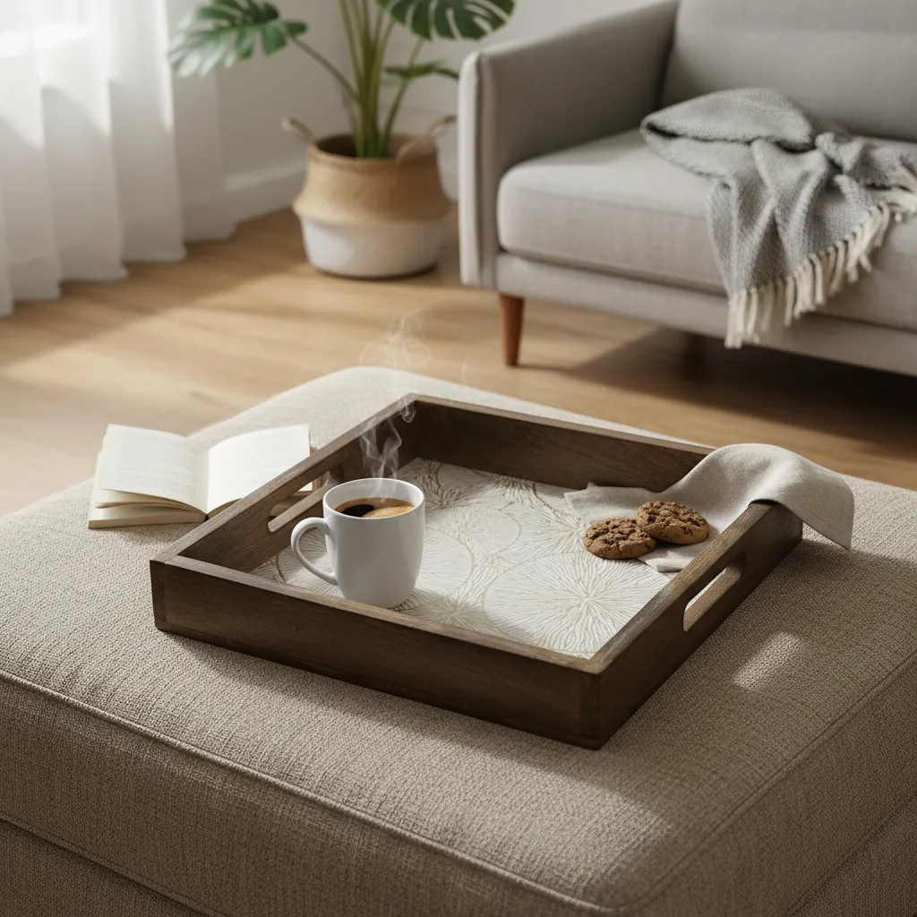 P3 Handmade Indian Bone Inlay Tray with Metal Embossed Pattern – Oak Wood Serving Platter