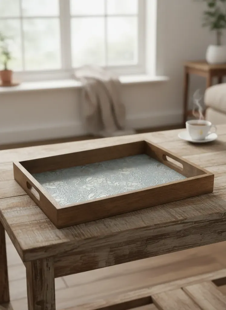 P7 Luxury Bone Inlay Wood Tray – Metal Embossed Motif Centerpiece for Coffee Tables