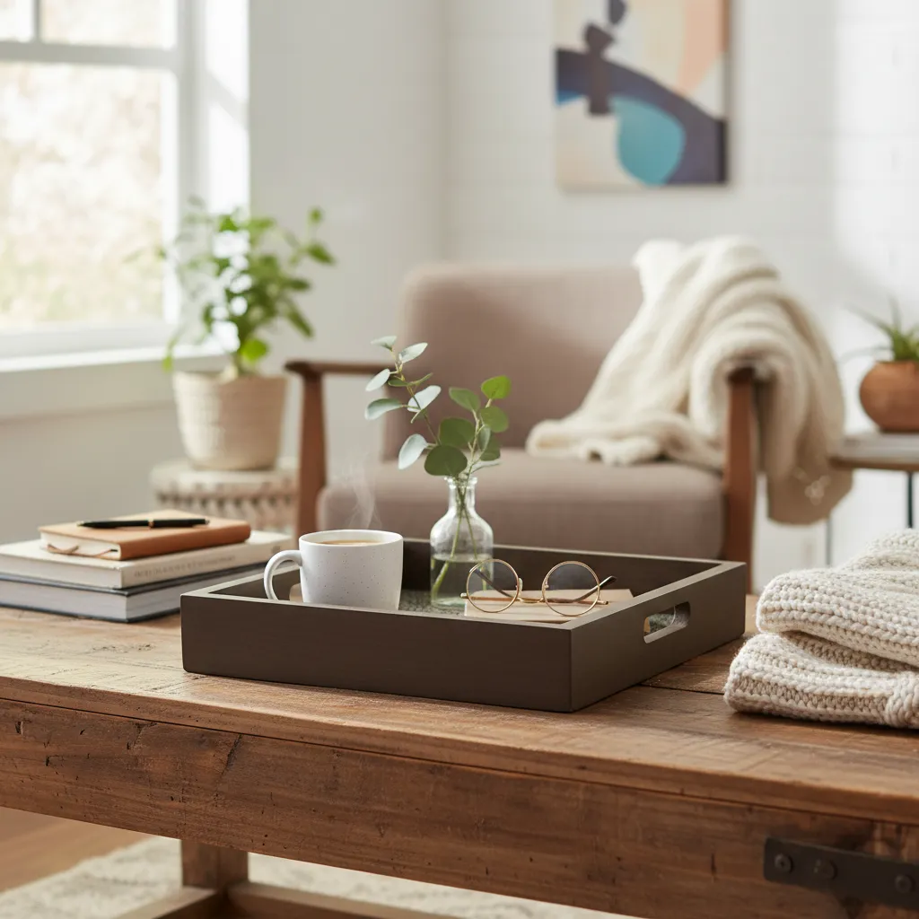 P13 Sustainable Wood & Bone Inlay Serving Tray – Metal Embossed  Motif Breakfast in Bed Tray