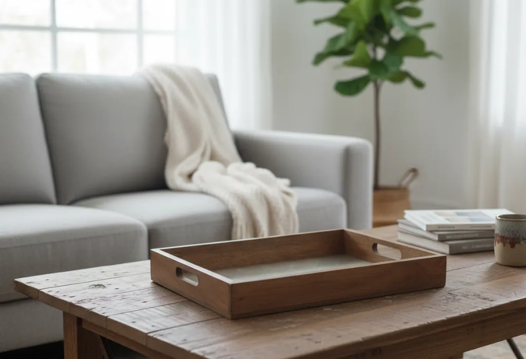 P15 Luxe Metal Embossed Inlay Ottoman Tray – Heavy Duty Wood Construction for Living Rooms