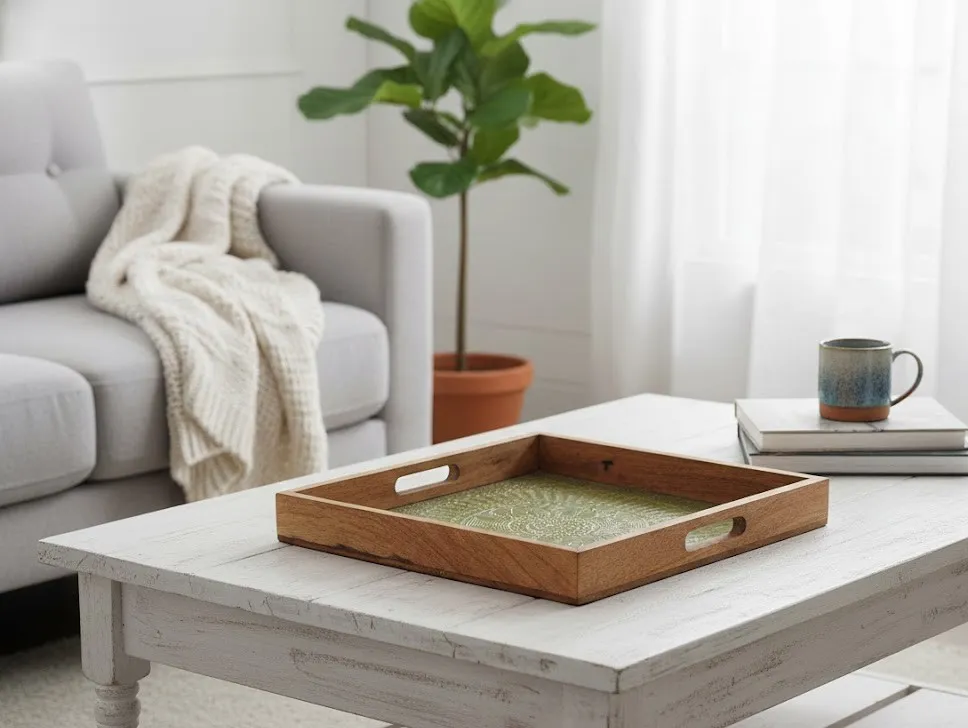 P18 Coastal Boho Bone Inlay Tray – Metal Embossed Design for Coffee Table Styling