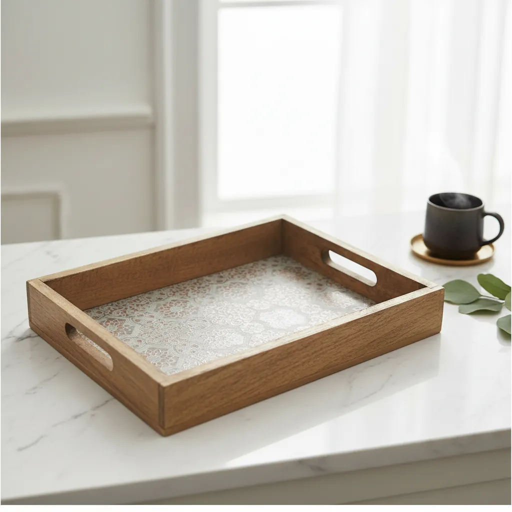 P23 Heirloom Quality Bone Inlay Wooden Tray – Metal Embossed Radial Design Craftsmanship