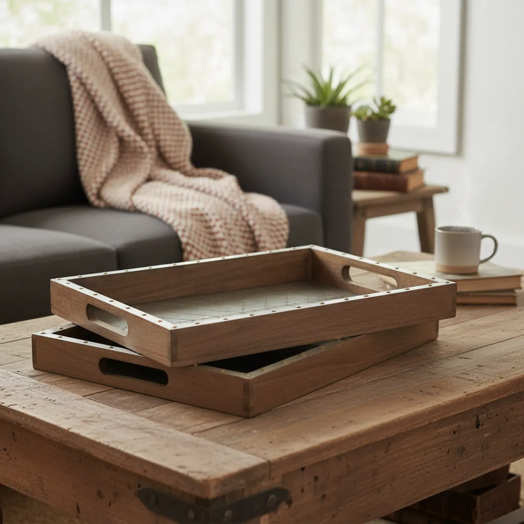 P26 The "Sol" Metal Embossed Bone Inlay Tray – Artisanal Wood & Natural Bone Accent