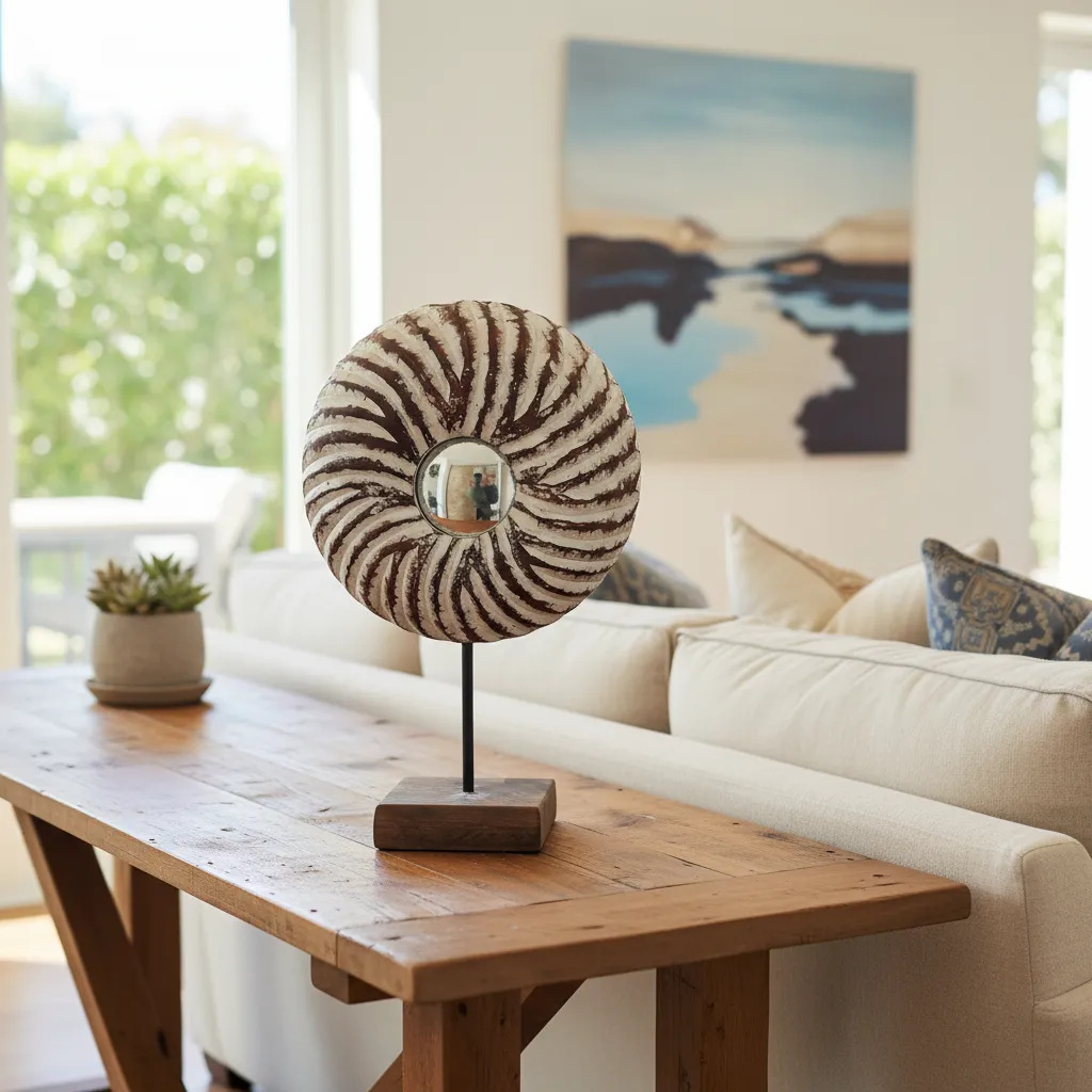Artisanal Hand-Carved Swirl Sculpture on Wood Pedestal with Mirror Center